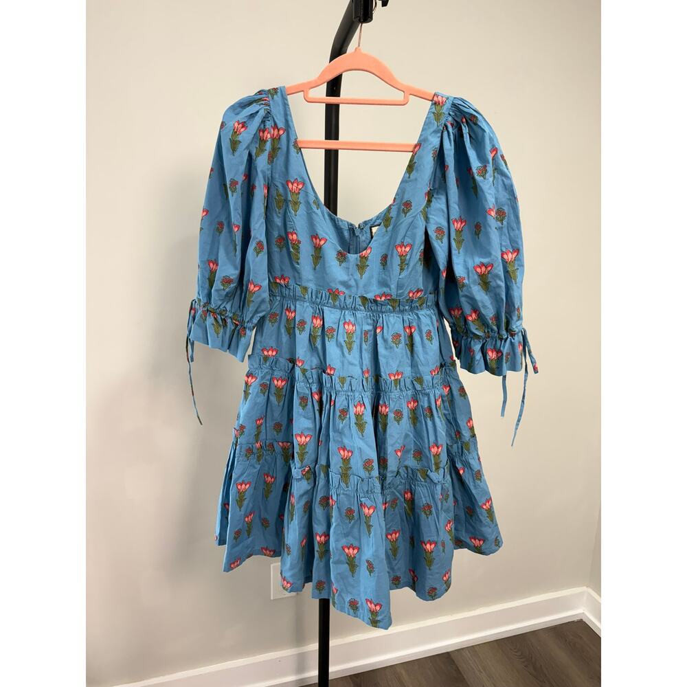 EDDY Julia Puff Sleeve Mini Dress XS French Blue Punch Floral Cotton - Picture 2 of 10